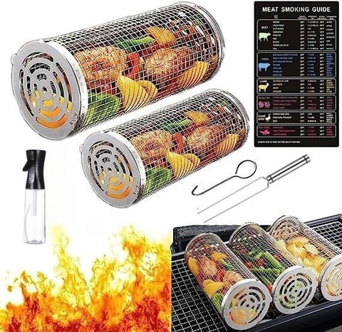 Image of Rolling Grilling Basket Camping Barbecue Rack,Outdoor Picnics BBQ Grill Stainless Steel Mesh Versatile Cylinder Grill Cooking Accessories for Vegetables,Fries,Meat,Fish BBQ Net Tube 2Sets 1Large+1Medium