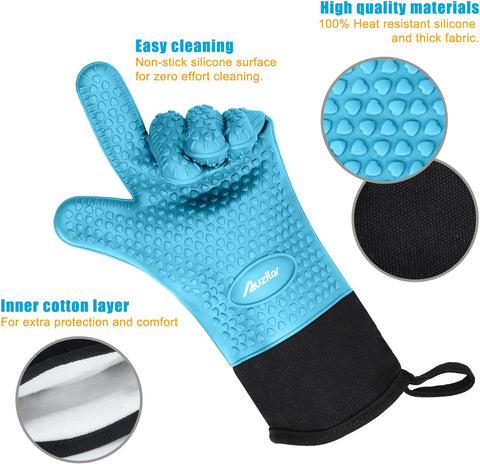 Image of Silicone Cooking Gloves, Grilling Gloves, Heat Resistant Gloves BBQ Kitchen Silicone Oven Mitts, Long Waterproof Non-Slip Potholder for Barbecue, Cooking, Baking