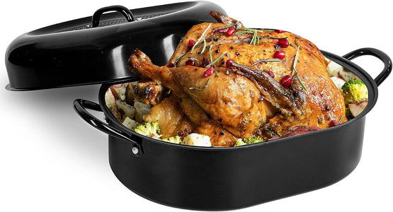 Granitestone 16 Inch Large Turkey Roasting Pan with Lid - Ultra Nonstick Roaster Oven with Grooved Bottom for Basting, Roasting Pan for Oven Serves 1-5 People, Dishwasher Safe, 100% PFOA Free