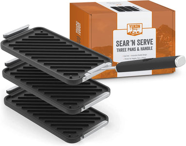 ™ SEAR 'N SERVE Cast Iron Grill Pan Set Includes 3 Cast Iron Grilling Baskets & Clip-On Handle - Cast Iron Grill Pans for Stove Tops or Outdoor Grills