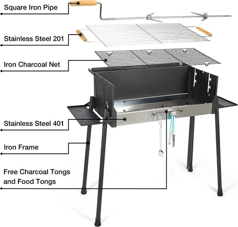 Image of Lineslife Portable Charcoal Grill, Extra Large Outdoor BBQ Grill with Oversize Cooking Area Offset Smoker, Black Barbecue Grill with 3 Adjustable Heights, 2 Foldable Side and Material Tables