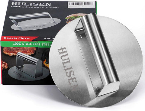 Image of HULISEN Stainless Steel Burger Press, 6.2 Inch round Burger Smasher, Professional Griddle Accessories Kit, Grill Press Perfect for Flat Top Griddle Grill Cooking