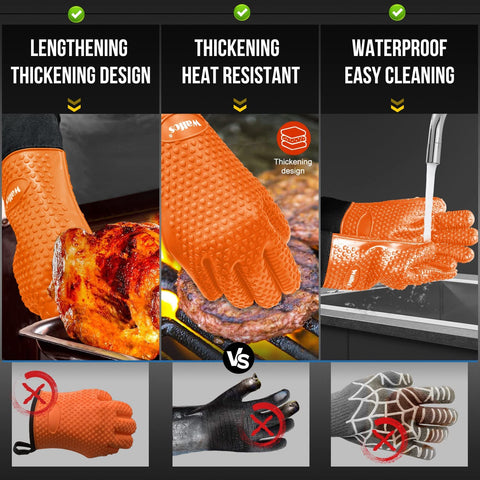 Image of Grilling Gloves - Heat Resistant Silicone Oven Mitt, Premium Non-Slip Silicone Internal Protective Cotton Layer, Waterproof, Great for Grilling, Kitchen and Cooking (Orange)