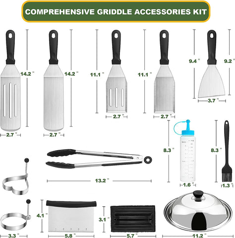 Image of Griddle Accessories Kit, 18PCS Flat Top Grill Accessories Set for Blackstone and Camp Chef, Grill BBQ Spatula Set with Enlarged Spatulas, Basting Cover, Scraper, Tongs for Outdoor BBQ