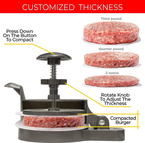 Image of Shop Square Hamburger Press Patty Maker - Adjustable 1/4Lb to 3/4Lb Burger Press Patty Maker with Patty Ejector - Adjustable Thickness for Burgers, Crab Cakes, and Sausage - Patty Paper Included