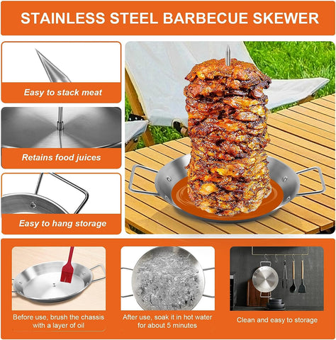 Image of Al Pastor Skewer for Grill, Stainless Steel Vertical Skewer, Brazilian Vertical Spit Stand with 3 Removable Spikes(8”/10"/12”) & Brushes, for Tacos Al Pastor, Shawarma Kebabs Smoker Oven BBQ Dishes