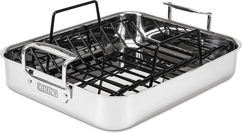 Image of Viking Culinary 3-Ply Stainless Steel Roasting Pan, Includes a Nonstick Rack, Dishwasher, Oven Safe, Works on All Cooktops Including Induction