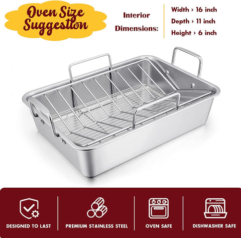 Image of Stainless Steel Roasting Pan, E-Far 14 X 10.6 Inch Heavy Duty Turkey Roaster with V Rack & Baking Rack Set, Small Metal Deep Broiling Pan for Oven Cooking Lasagna Meat Chicken - Dishwasher Safe