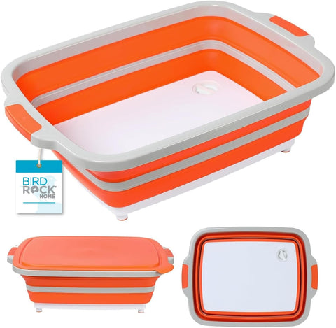 Image of BIRDROCK HOME Large BBQ Collapsible Food Prep & Cutting Board and Grill Caddy Tub with Colander & Lid | 12.4 Quarts | Kitchen Veggie Washing Basket | Silicone Dish Bowl for Picnic, Tailgate, Camping