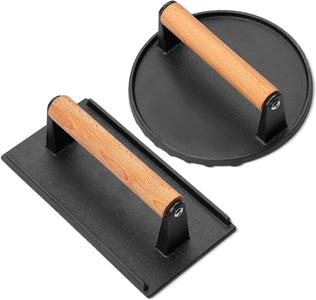 AIKWI 2PCS Burger Press with Wood Handle, 6.8" round Bacon Press for Griddle, 8.2" X 4.2" Rectangular Heavy Duty Cast Iron Smash Patty Steak Sandwich Press for Flat Top Grill Indoor Outdoor