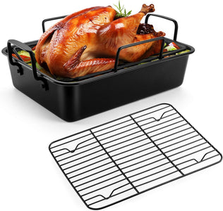 14-In Nonstick Turkey Roasting Pan with Rack Set, Joyfair Chicken Roaster Pan with Flat Rack & Removable V-Rack, Heavy Duty Rectangular Oven Bakeware with Non-Toxic Coating, Easy Releasing & Cleaning