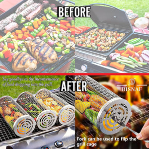 BISNAF Rolling Grilling Baskets for Outdoor Grilling – Stainless Steel Cylinder Barbecue Rack – Rolling Grill Baskets Ideal for Camping & Picnics - Complete Grill Accessories Set Any Kind of Food