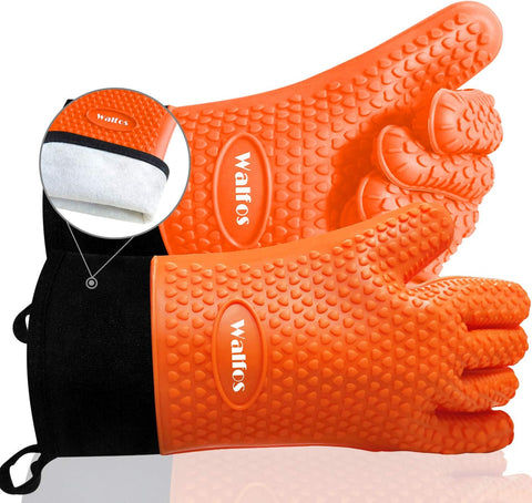 Image of Grilling Gloves - Heat Resistant Silicone Oven Mitt, Premium Non-Slip Silicone Internal Protective Cotton Layer, Waterproof, Great for Grilling, Kitchen and Cooking (Orange)