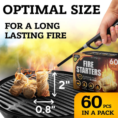 Image of Fire Starter - Natural Pine Fire Starters for Fireplace, Campfires, Grill, Wood & Pellet Stove, Chimney, Fire Pit, BBQ, Smoker - 60 Pack W/10 Min Burning Time - All Weather & Odorless Firestarter
