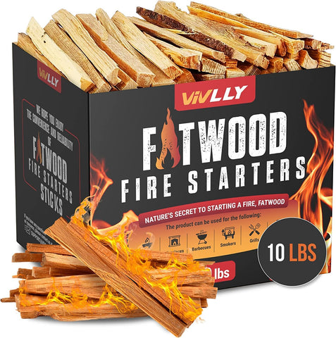 Image of Vivlly 10Lb Fatwood Fire Starter Pack – Starter Wood for Fireplace – Small Wood Logs for Campfire Stove, Grilling & Cooking – Firewood Lighter Kindling Sticks – Firepit Burning & Camping Accessories