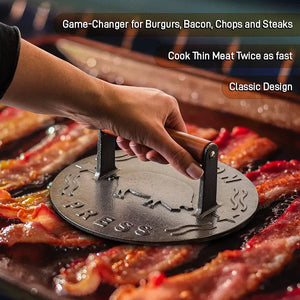Bellemain Bacon Press 8.5-Inch round | Heavy-Duty Cast Iron Grill Press for Perfectly Seared Bacon, Steak & Sandwiches | Equalized Weight Distribution | Food-Grade Press with Wood Handle | 3 Lbs