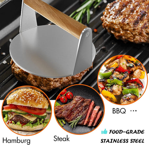 Image of PMYEK Burger Press with Anti-Scald Wooden Handle, 5.1 Inch Stainless Steel Burger Smasher, round Non-Stick Hamburger Press for Griddle, Griddle Accessories Kit for Flat Grill Cooking