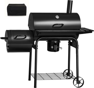 Flamaker Charcoal Grill Outdoor BBQ Grill with Side Oven & Thermometer Barbecue Grill Offset Smoker with Ash Catcher & Cover for Camping Picnics
