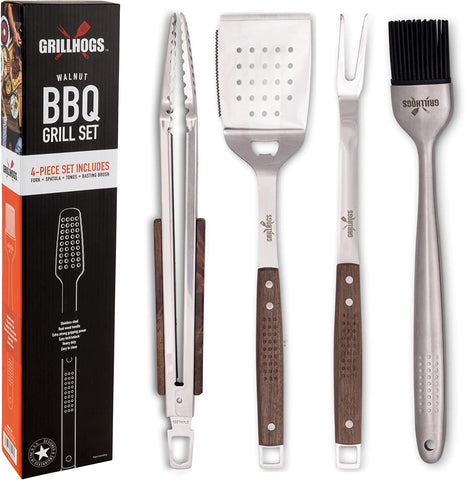 Image of Heavy Duty BBQ Grill Tool Set, Premium Walnut Wood, Spatula with Bottle Opener and Serrated Edge, Barbecue Meat Fork, Long Handle Basting Brush, Premium Polished Walnut Finish (4 Piece)