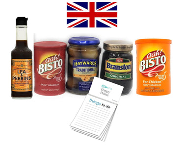 British Condiments Bundle, Bisto Gravy, Bisto Chicken Gravy, Lea & Perrins Worcestershire Sauce,Haywards Onions, Branston Pickle Gift with 1X Happy Home Magnetic Notepad