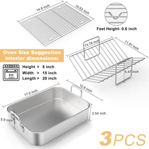 Stainless Steel Roasting Pan, 17*13 Inch Turkey Roaster with Rack - Deep Broiling Pan & V-Shaped Rack & Flat Rack, Non-Toxic & Heavy Duty, Great for Thanksgiving Christmas Roast Chicken Meat Lasagna