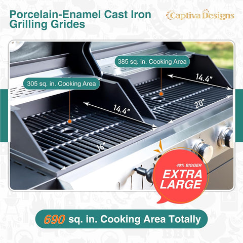 Image of Captiva Designs Propane Gas Grill and Charcoal Grill Combo with Side Burner & Porcelain-Enameled Cast Iron Grate, Dual Fuel BBQ Grill for Outdoor Kitchen & Backyard Barbecue, 690 SQIN Cooking Area