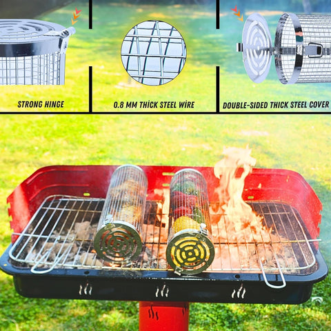 Image of Rolling Grilling Baskets for Outdoor Grilling Basket Cylinder with Bbq Grill Brush (XL 2PCS) Vegetable Grilling Baskets for Outdoor Grill Basket- Grill Baskets for Outdoor Grill Bbq Grill Accessories (XL Size with Grill Brush)