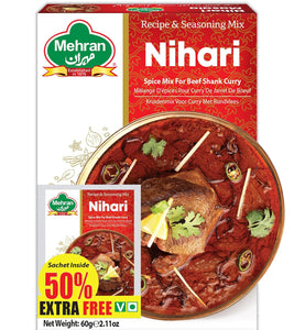 Mehran Nihari Nehari Masala Recipe and Seasoning Mix Authentic Indian Spice Blend Powder for Meat Stew/Beef Shank, 50% Extra, 2 Packets (90G Total)
