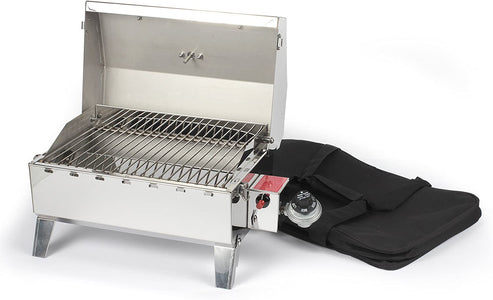 Stainless Steel Portable Propane Gas Grill, Convenient Size for Tailgating, Camping, RV, Picnicking, Home and Boats, Includes Storage Bag (125 Square Inches of Cooking Surface)