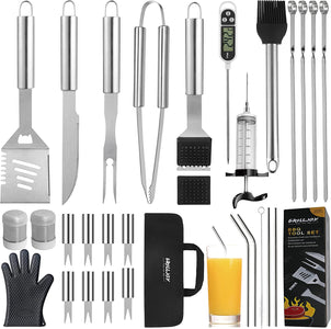 30PCS BBQ Grill Tools Set with Thermometer and Meat Injector. Extra Thick Steel Spatula, Fork& Tongs - Complete Grilling Accessories in Portable Bag - Perfect Grill Gifts for Men and Women