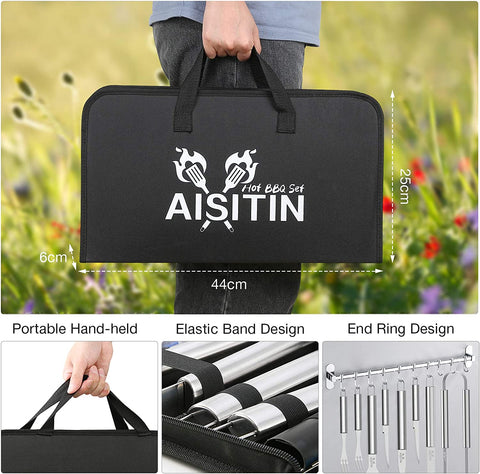 Image of AISITIN 35PCS Grill Accessories BBQ Tools Set, Stainless Steel Grilling Kit with Thermometer, Fork, Tongs and Spatula, Meat Injector, Grill Mat - Gifts for Dad Durable, Stainless Steel Grill Tools
