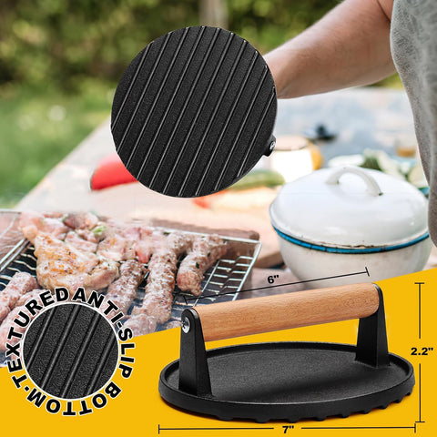 Image of AIVIKI Burger Press, Smash Burger Press for Blackstone Griddle, Heavy Duty Cast Iron round 6.9In Bacon Grill Press with Wood Handle, Meat Steak Weight for Sandwich, Paninis (Round)
