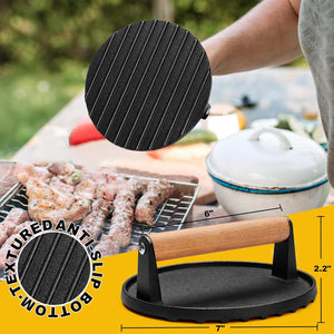 AIVIKI Burger Press, Smash Burger Press for Blackstone Griddle, Heavy Duty Cast Iron round 6.9In Bacon Grill Press with Wood Handle, Meat Steak Weight for Sandwich, Paninis (Round)