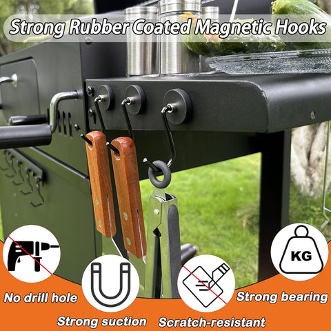 Image of SKNOOY 4 Pack Heavy Duty Magnetic Grill Hooks, Magnet Hooks for Grill Utensils, Rust Proof Outdoor Magnetic Tools Hangers, Powerful Magnetic Hooks for BBQ Tools Refrigerator Locker Kitchen Office