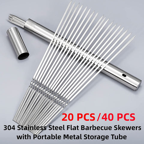Image of WILLBBQ 304 Stainless Steel 13.2" Long Flat Barbecue Skewers,20Pcs/40Pcs BBQ Kebab Skewers with Portable Metal Storage Tube,Reusable for Grilling Barbecue Kitchen Party and Outdoor Cooking (40PCS)