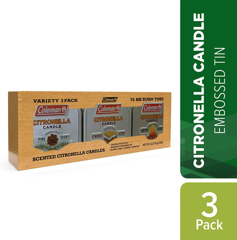 Image of Coleman Scented Tin Citronella Candle - 3 Pack, S'Mores, Pine and Campfire