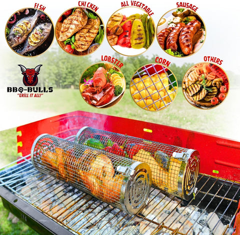 Image of Rolling Grilling Baskets for Outdoor Grilling Basket Cylinder with Bbq Grill Tong (XL 7 PCS Set) Veggies- Grill Baskets for Outdoor Grill Bbq Accessories (XL Size with Grill Tongs)