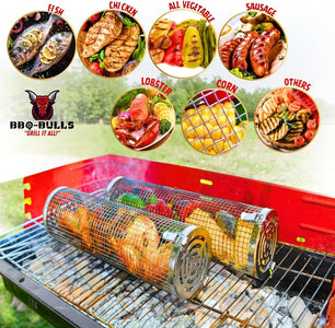 Rolling Grilling Baskets for Outdoor Grilling Basket Cylinder with Bbq Grill Tong (XL 7 PCS Set) Veggies- Grill Baskets for Outdoor Grill Bbq Accessories (XL Size with Grill Tongs)
