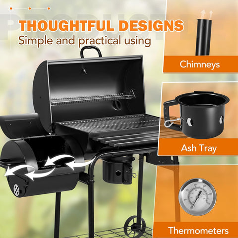 Image of Flamaker Charcoal Grill Outdoor BBQ Grill with Side Oven & Thermometer Barbecue Grill Offset Smoker with Ash Catcher & Cover for Camping Picnics