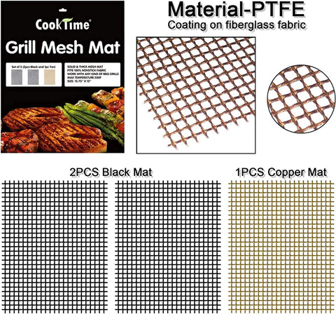 Image of BBQ Grill Mesh Mat Set of 3 - Non Stick Barbecue Grill Sheet Liners Teflon Grilling Mats Nonstick Fish Vegetable Smoking Accessories - Works on Smoker,Pellet,Gas,Charcoal Grill,15.75X13Inches