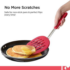 Flexible Pancake Turner: Platinum Heat-Resistant Wide & Slotted Spatulas for Kitchen Use, Beveled Edge Silicone Blade with Stainless Steel Core, Dishwasher-Safe, Long Spatula for Flipping