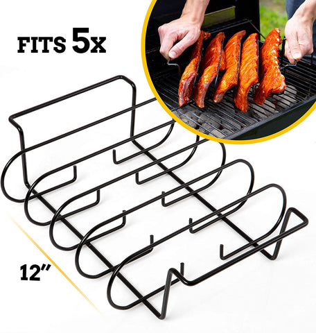 Image of MOUNTAIN GRILLERS BBQ Rib Racks for Smoking, Gas Smoker or Charcoal Grill, Sturdy & Non Stick Standing for Gas Grill, Bbq Grill, Holds up to 5 Baby Back Ribs, Grilling & Barbecue Gifts for Men Black