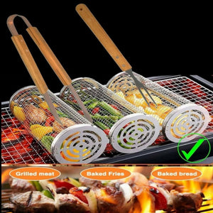 Rolling Grilling Baskets for Outdoor Grill, 2 Piece Large round Barbecue Baskets, Rolling Grill Basket Grid with Tongs and Fork, Portable BBQ 304 Stainless Steel Basket for Meat Veggies Shrimp Fish