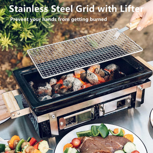 Onlyfire Charcoal BBQ Grill Hibachi Grill with Grid Lifter, Rectangular Portable Grill with Stainless Steel Griill Grate, BBQ Grill for Outdoor Camping Picnic Patio Backyard Cooking, 16 X 9 Inch Black