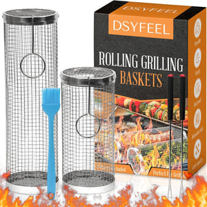 DSYFEEL Rolling Grill Baskets - BBQ Grilling Accessories with 2 Stainless Steel Rolling Grill Baskets, 2 Forks, 2 Hooks, Brush - Non-Stick Mesh Cylinder Grilling Basket for Meat, Veggies and More