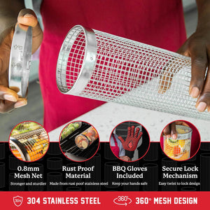 BLAZIN' GRILL Rolling Grill Basket | 2 Rolling Grilling Baskets for Outdoor Grilling | ALL-IN-ONE Barbecue Grill Set with BBQ Gloves | Perfect Grill Basket for Veggies, Seafood, Chips & Meats | 304 Stainless Steel & 0.8Mm Strong Mesh |