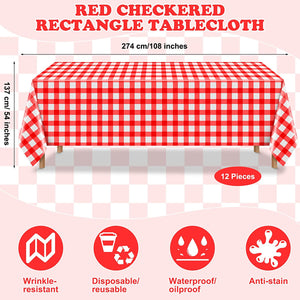 Chumia 12 Pieces Plastic Checked Picnic Tablecloth Rectangle Disposable Gingham Table Cloth 54 X 108 Inch 8 Foot Waterproof Camping Table Covers for Barbecue Holiday Birthday Parties (Red Checkered)