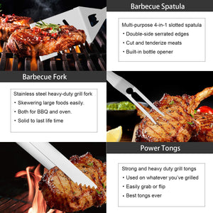 30Pcs BBQ Grill Tool Set for Men Dad, Heavy Duty Stainless Steel Grill Utensils Set, Non-Slip Grilling Accessories Kit with Thermometer, Mats in Aluminum Case for Travel, Outdoor Brown