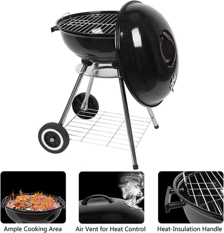 Image of Outvita 18 Inch Portable Charcoal Grill, Stainless Steel BBQ Kettle Charcoal Grill with Wheels and Storage Holder for Camping, Picnic, Barbecue, Party, Outdoor Activities