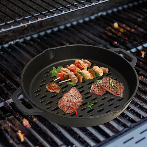 Image of MOASKER 12" Cast Iron round Grill Basket for Veggie Meat Fish, Dual Handle BBQ Grill Topper for Outdoor Grill, Fit for Any Charcoal Smoker & Gas Grills, Nonstick Pan Tray